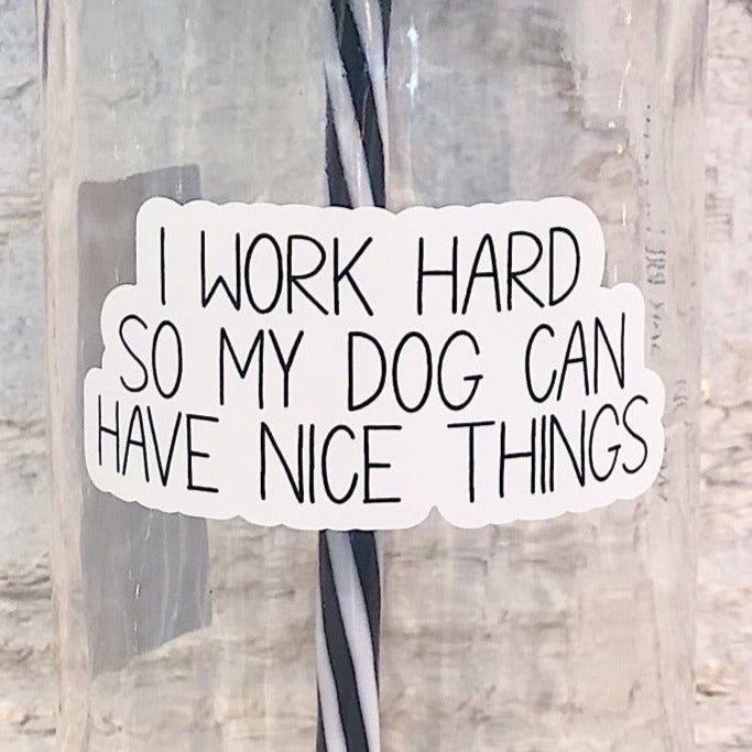 Close up of a mason jar tumbler that says “I work hard so my dog can have nice things”