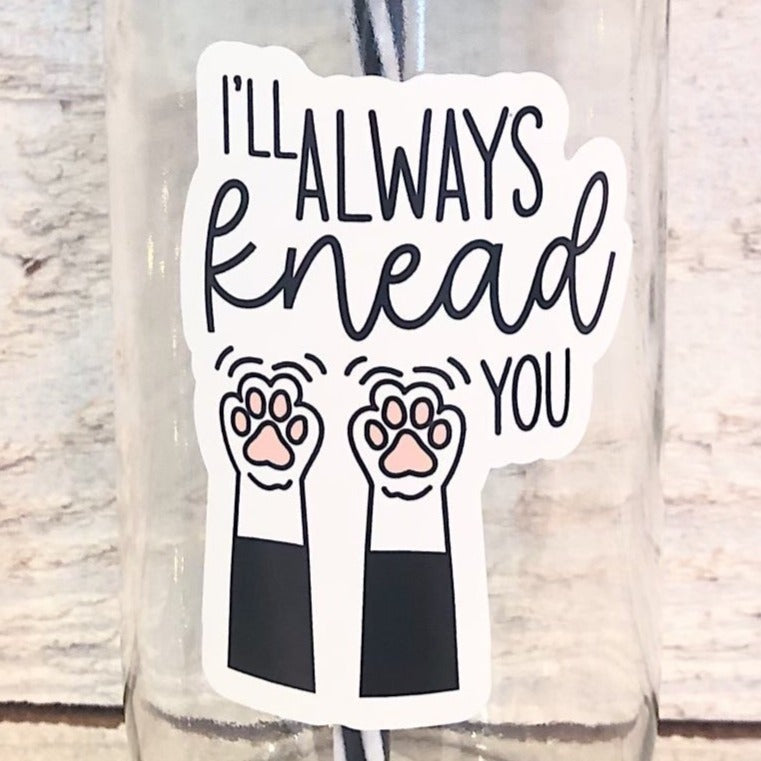 Flat lay of a mason jar tumbler that says “i'll always knead you”, a straw lid with different coloured cat faces, and a black and white striped straw.