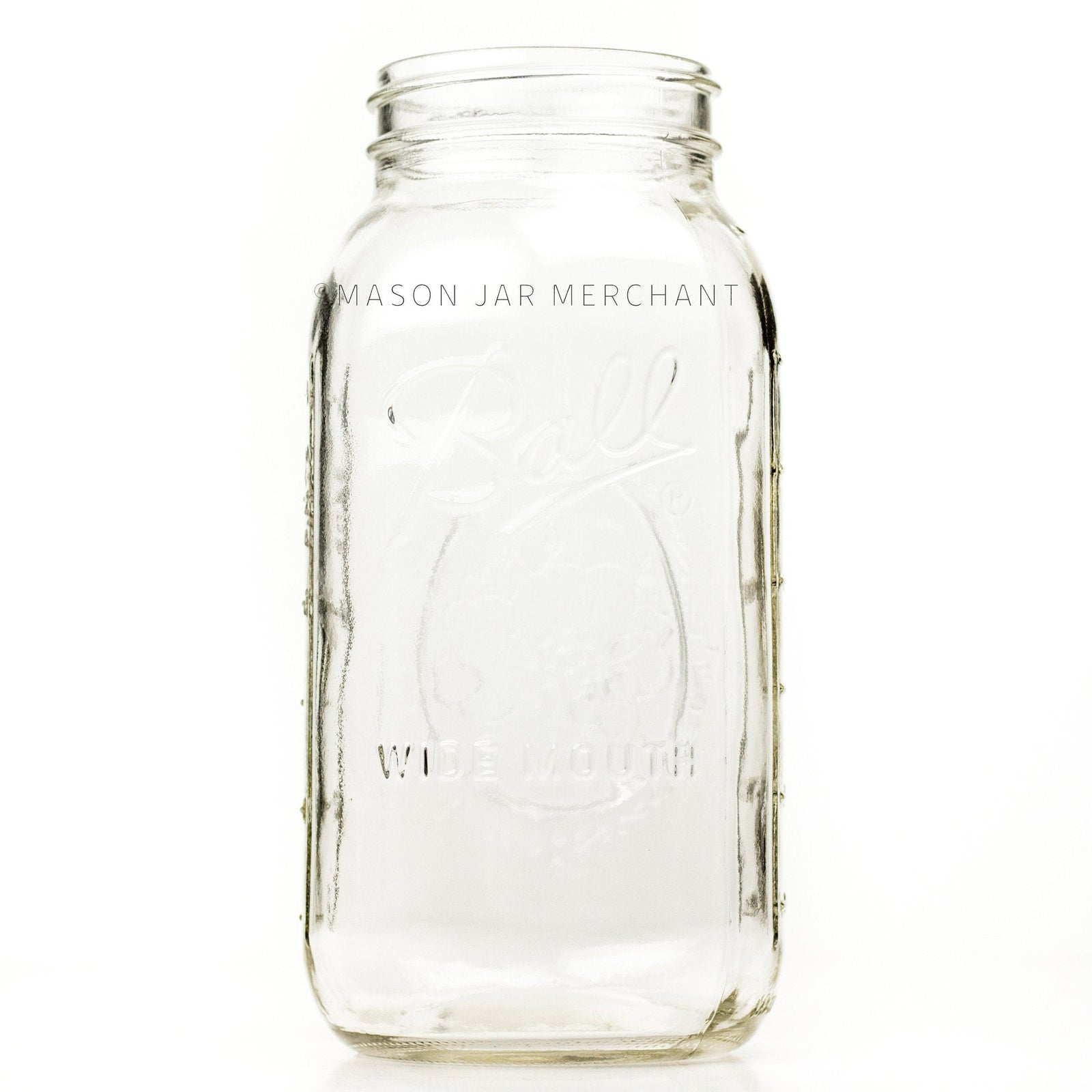 Wide mouth half-gallon mason jar with Ball Wide mouth logo, and fruity oval design visible on the back side of the jar. against a white background