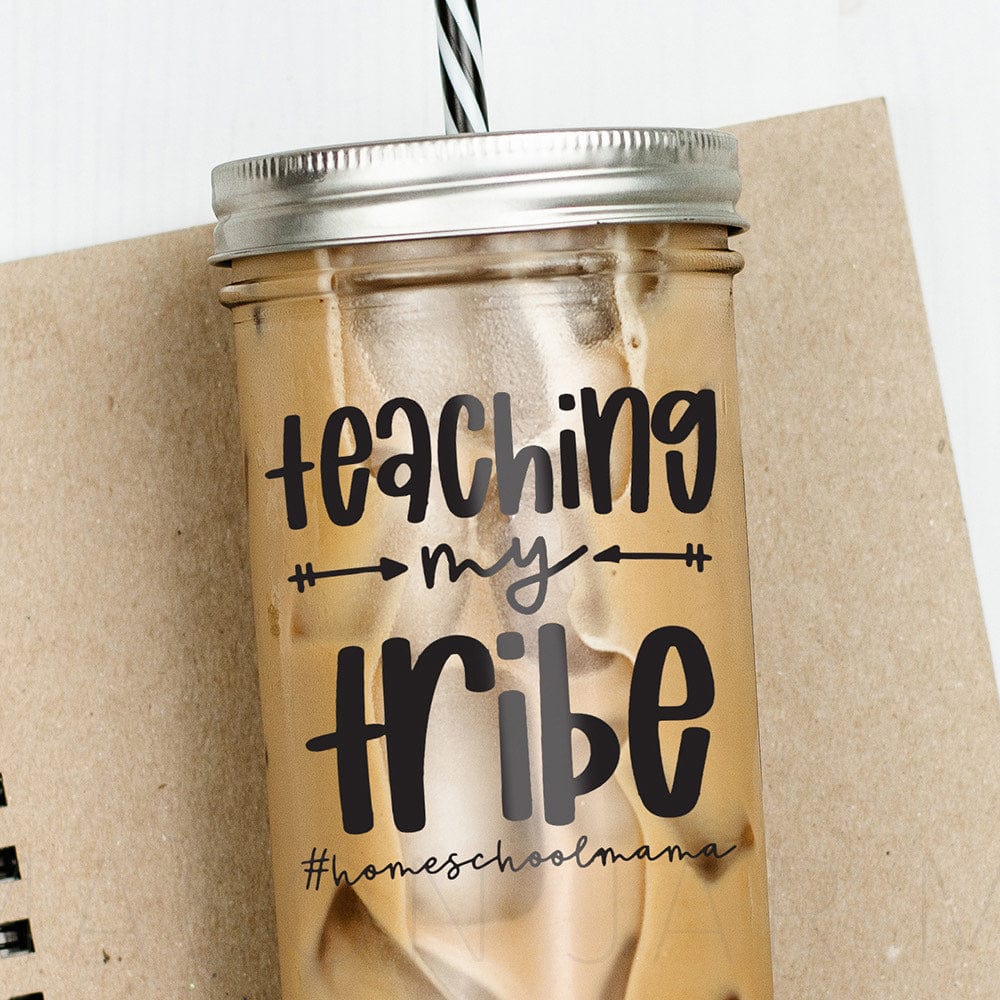 "Teaching My Tribe" print on tumbler with iced coffee with #homeschoolmama.