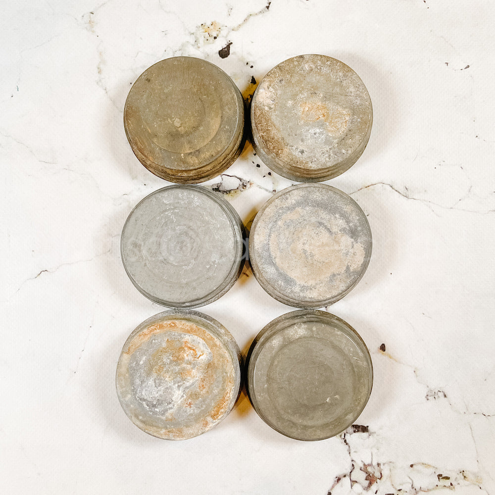 6 vintage zinc regular mouth jar lids with ceramic inserts