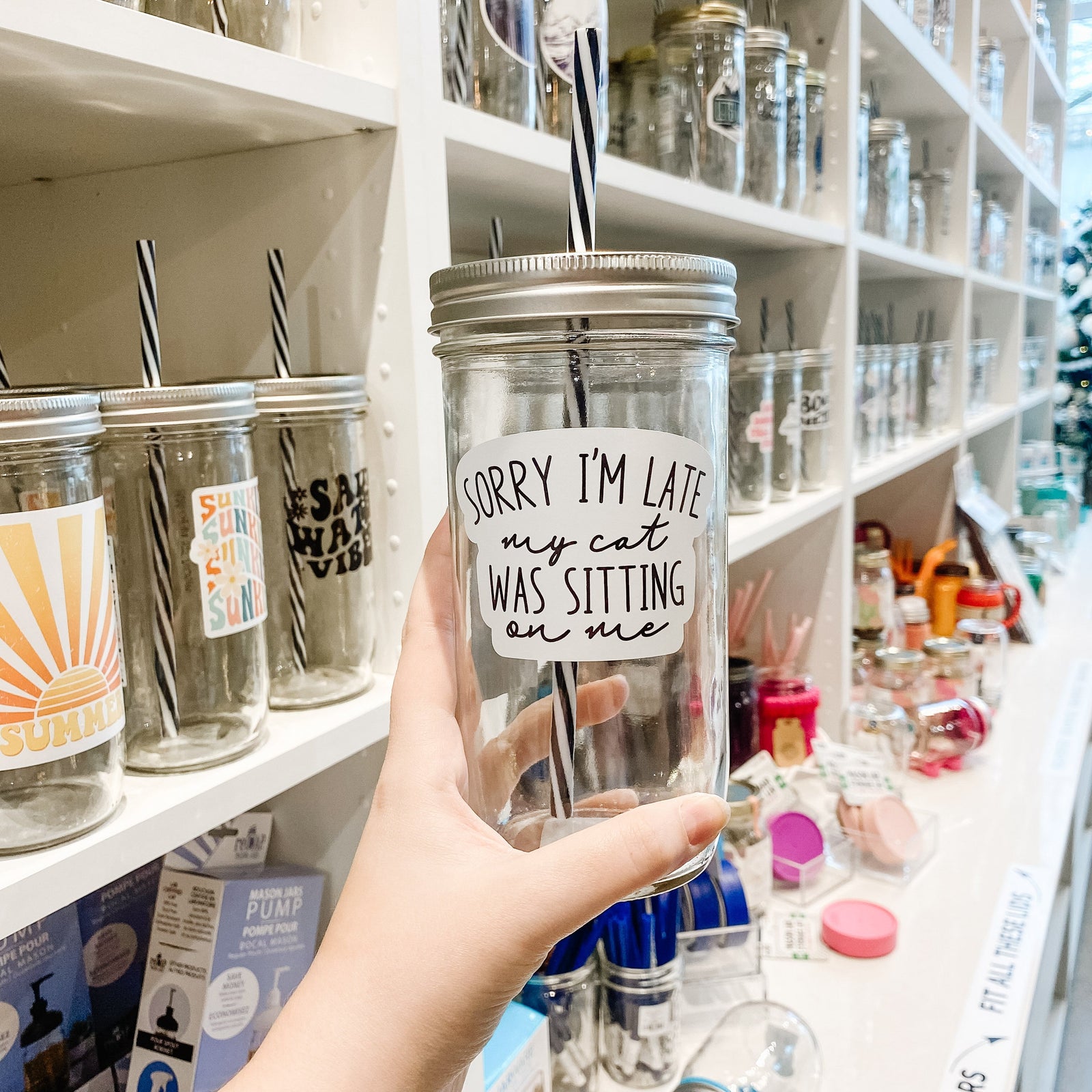 Hand holding a mason jar tumbler that says “Sorry I’m late my cat was sitting on me” in black letters on a white background.