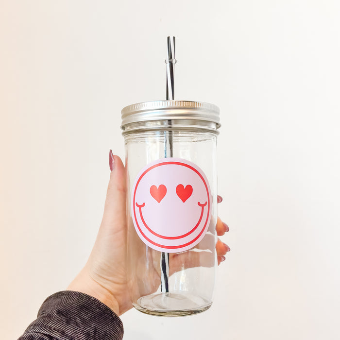 Heart Eyes Smiley Face Mason Jar Tumbler