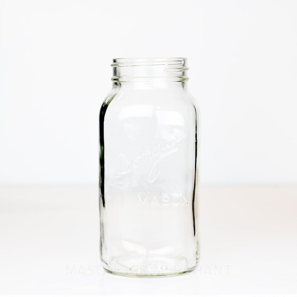 Regular mouth quart mason jar with Domglas Mason logo, on a white background