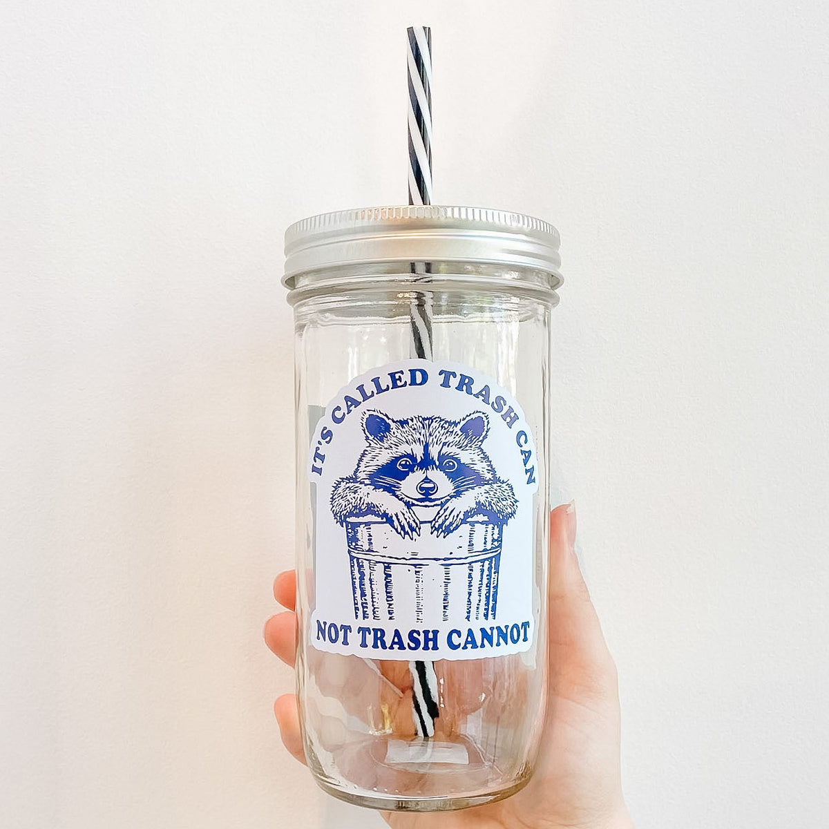 Hand holding a mason jar tumbler with purple multi-tone design including a raccoon and trash can that reads it’s called trash can not trash cannot. Black and white reusable striped straw and silver straw lid. 