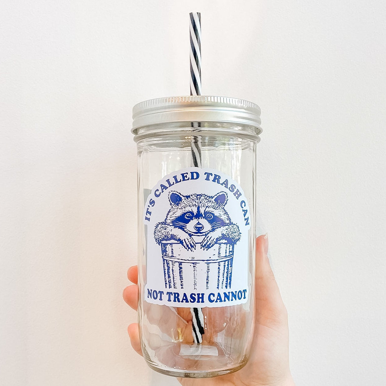 Hand holding a mason jar tumbler with purple multi-tone design including a raccoon and trash can that reads it’s called trash can not trash cannot. Black and white reusable striped straw and silver straw lid. 
