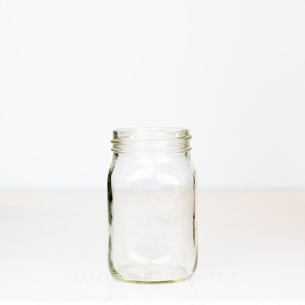 Regular mouth pint mason jar with Berndardin Mason logo, on a white background