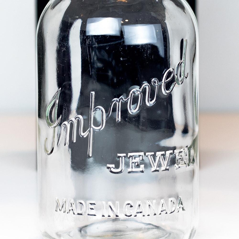 Improved Jewel Made In Canada Gem Quart Mason Jar photographed on a white background.