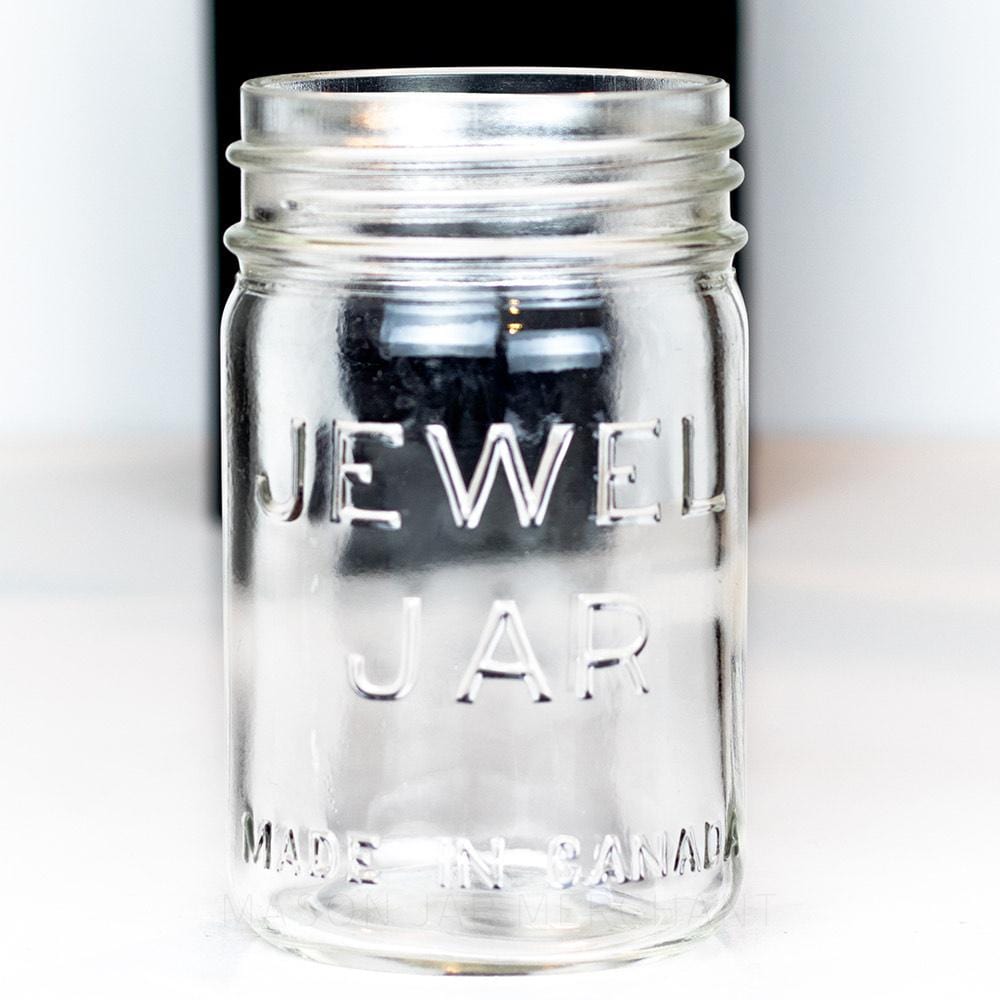 Vintage gem mouth 13 oz mason jar with Jewel Jar logo, on a white background