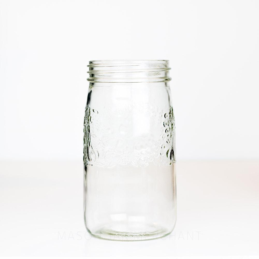 Fruity lace round wide mouth quart mason jar on a white background