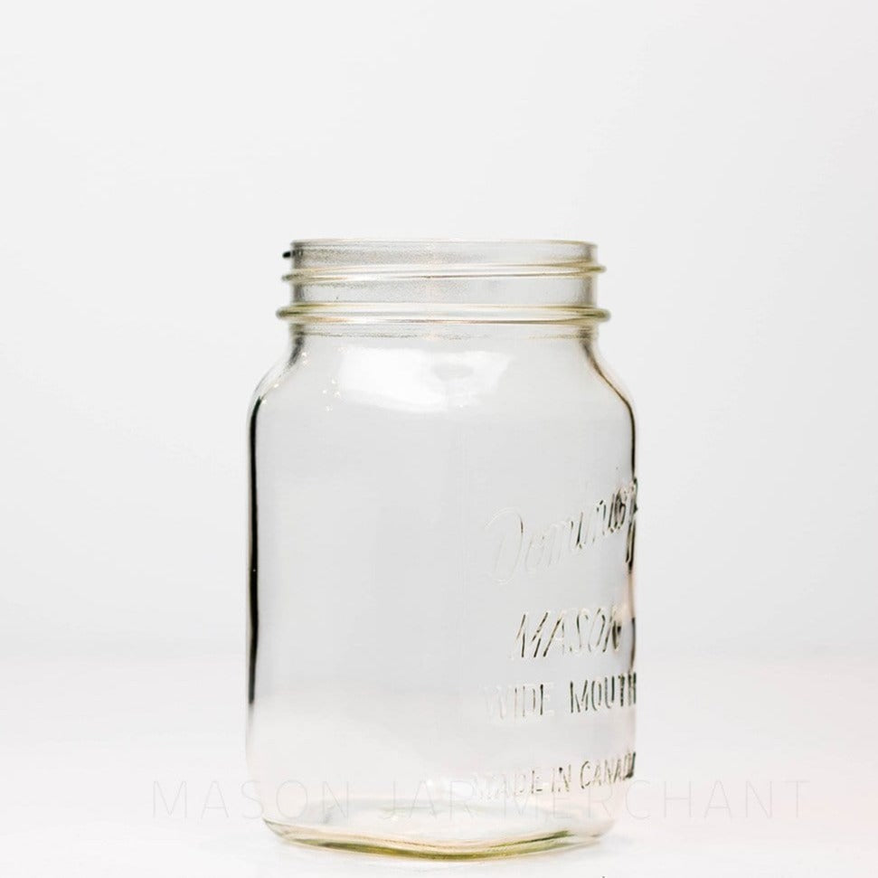 Wide mouth quart mason jar with Dominion wide mouth Mason logo, against a white background