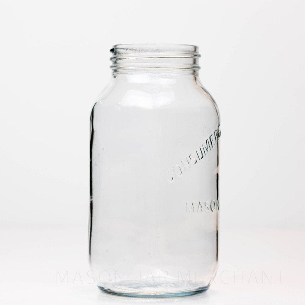 Regular mouth quart mason jar with a Consumer's Mason logo against a white background
