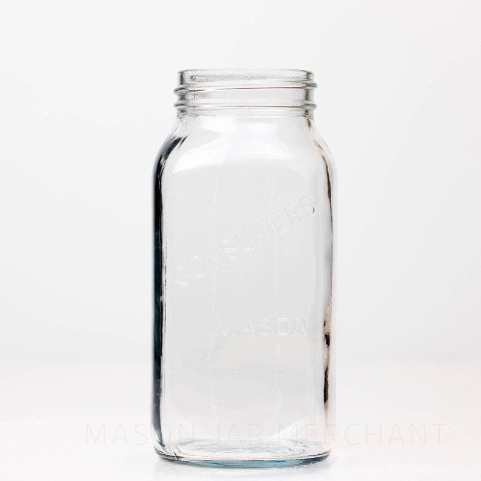 Regular mouth quart mason jar with a Consumer's Mason logo against a white background