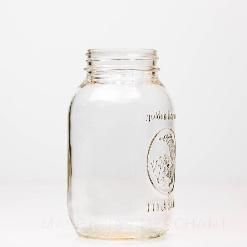 Regular mouth quart mason jar with Golden Harvest cornucopia logo against a white background
