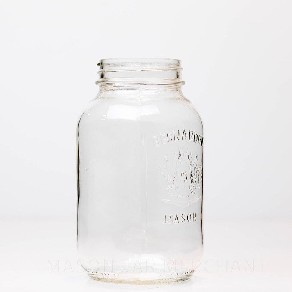 Regular mouth quart mason jar with a Bernardin shield logo, against a white background