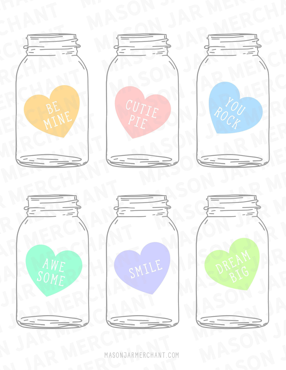 pastel candy heart mason jar shaped valentines SVG download color and cut and use as gift tags