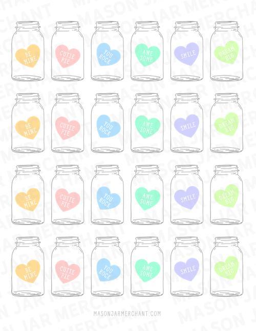 pastel candy heart mason jar shaped valentines SVG download color and cut and use as gift tags