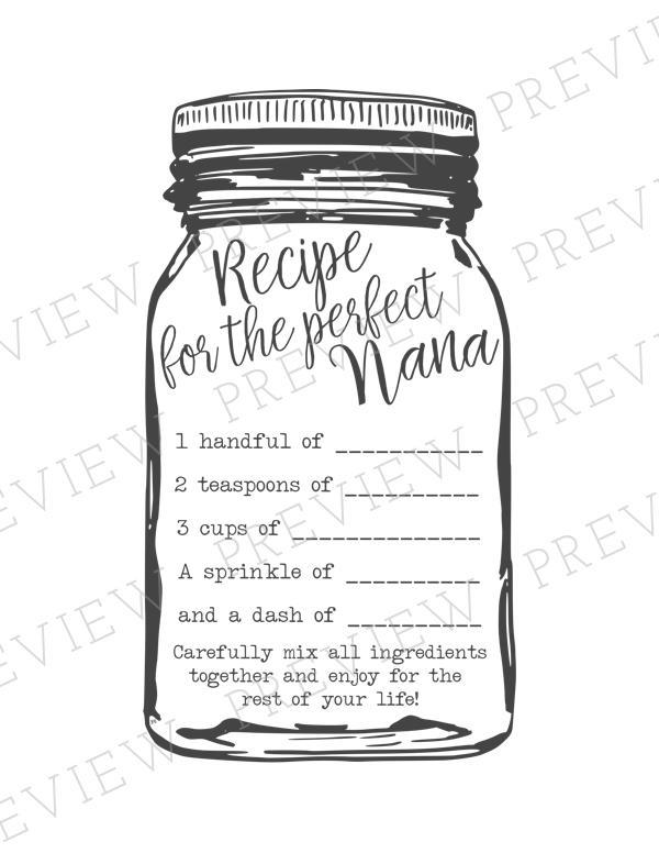 a paper with black mason jar outline and it has a &quot;recipe for the perfect Nana&quot; on the inside.