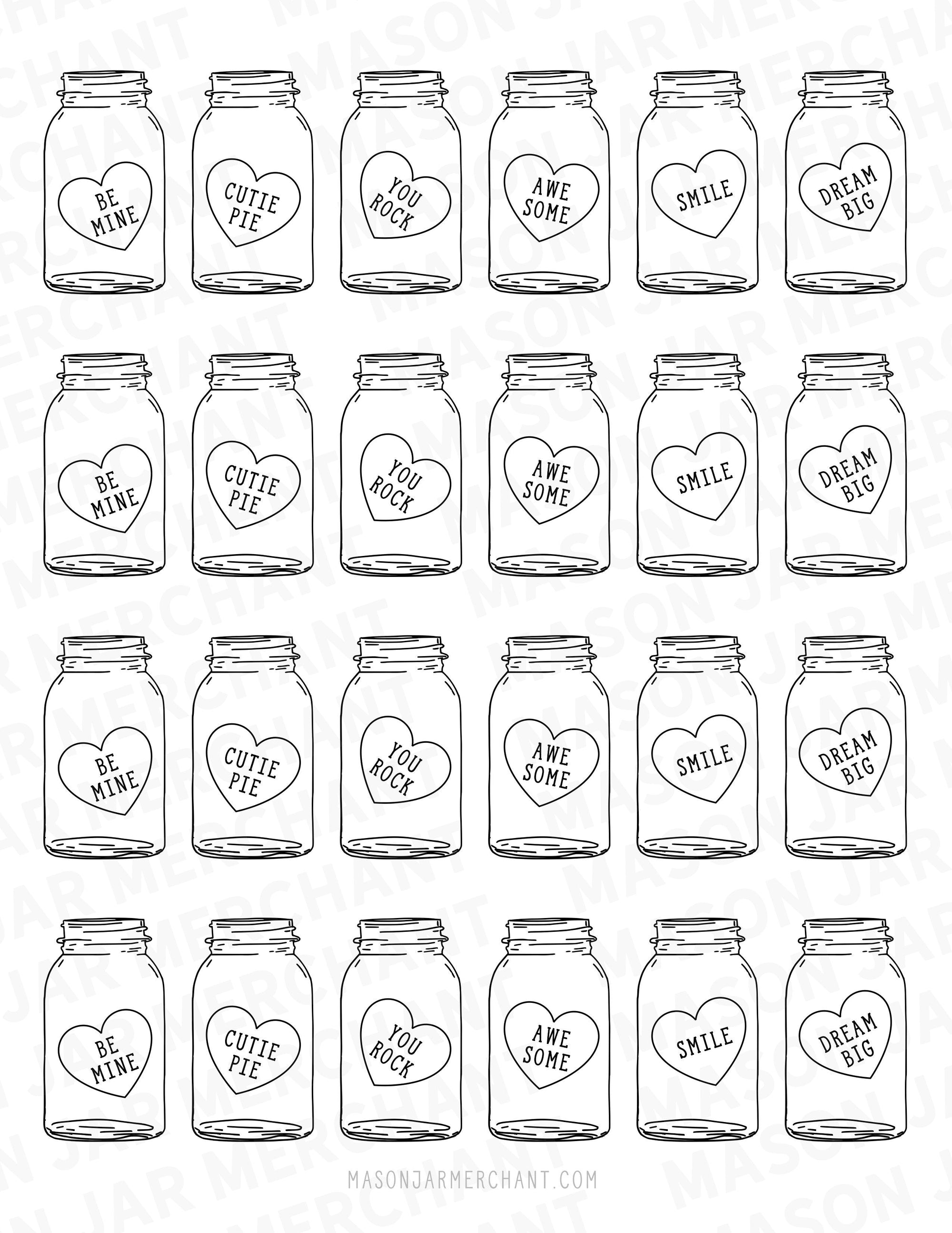 black and white candy heart mason jar shaped valentines SVG download color and cut and use as gift tags
