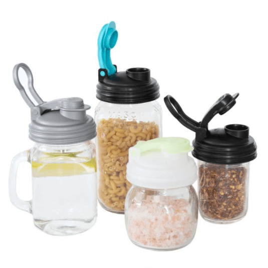 Four different sizes and kinds of glass reusable mason jars with reCAP easy pour spout regular mouth mason jar lids. In the colours grey, black, teal and white on a white background 