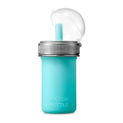 close up of an aqua silicone squeeze pouch with a grey plastic ring and a aqua straw on a white background