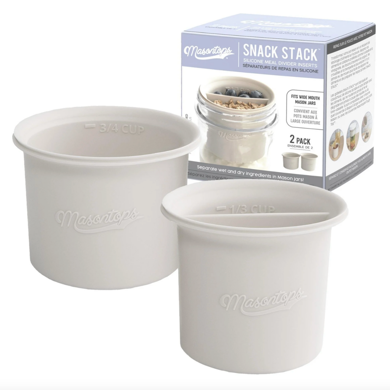 two silicone inserts for mason jars, one empty and one with a divider