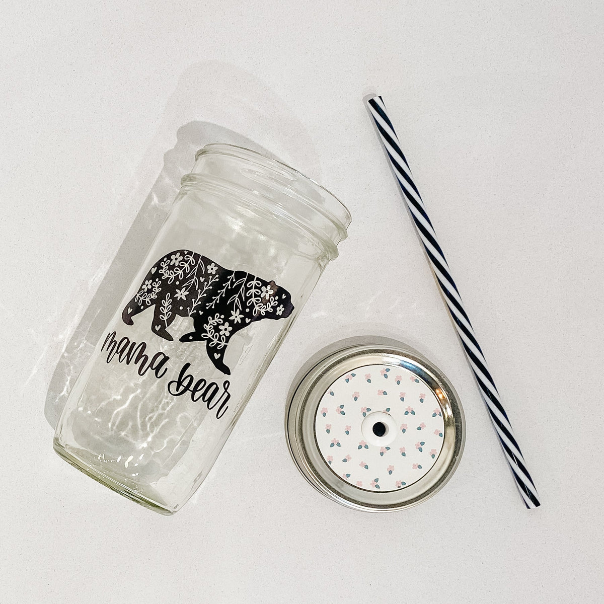 Mama Bear Floral Pattern Mason Jar Tumbler
