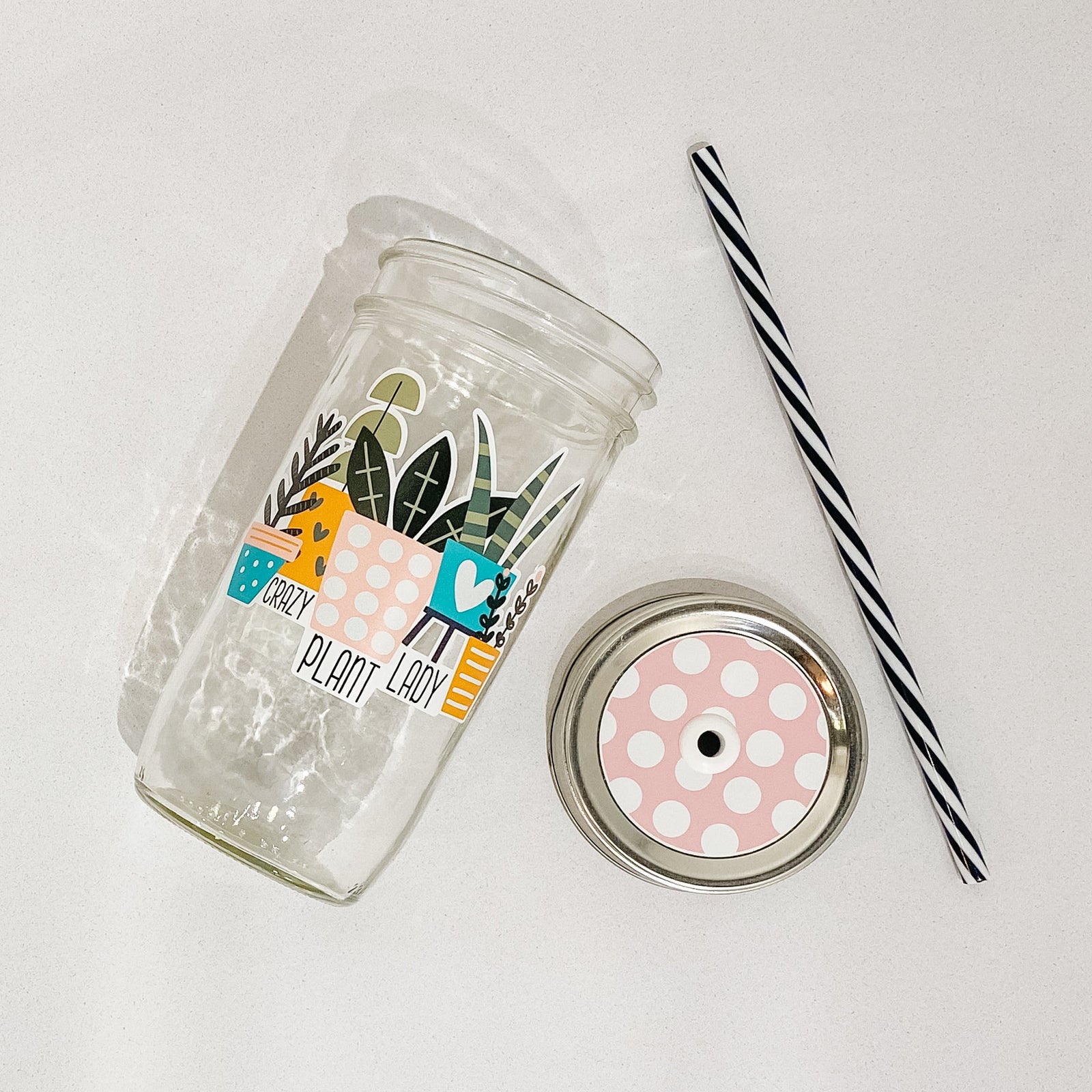 Tumbler with water inside and a sticker of various potted plants printed on it. There is also a print that reads "Crazy Plant Lady." Tumbler is photographed standing on a wooden table with some potted plants surrounding it.