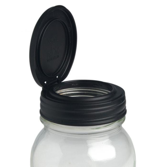 Black reCAP 'FLIP' Cap and can be used as a Mason Jar Flip Top Lid on a white background