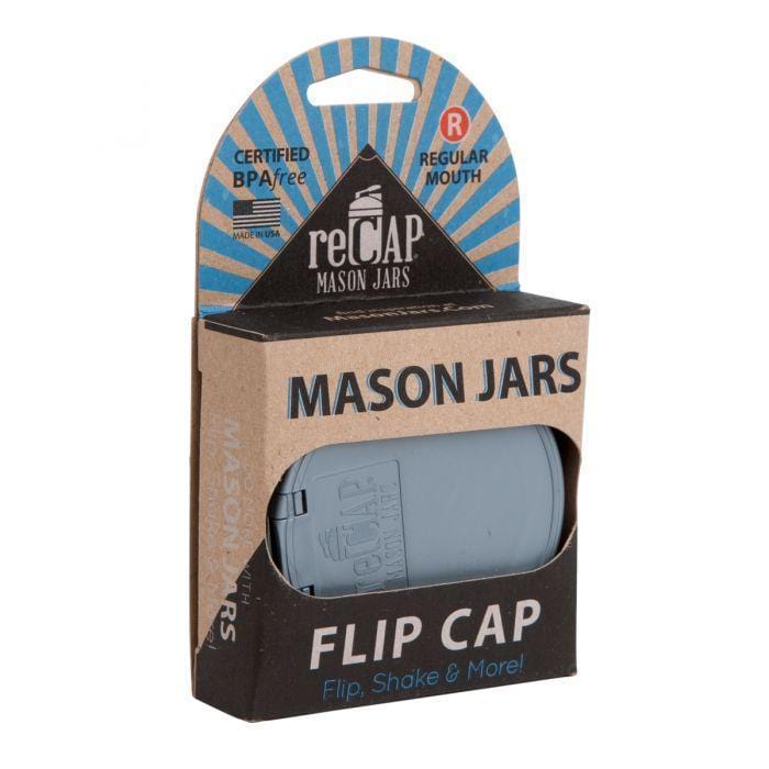 Packaging of a grey reCAP flip cap on a white background.