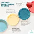 4 plastic storage lids from the brand Mason Bottle, they are green, teal, yellow, and rust