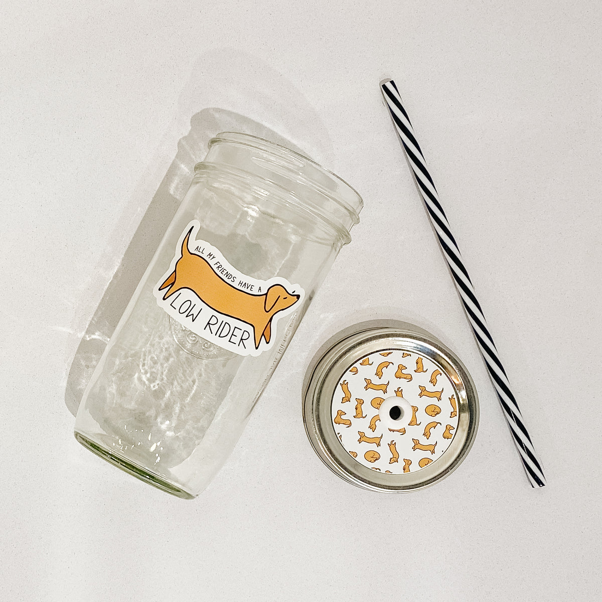 Flat lay of a mason jar tumbler that has a cartoon image of a Weiner dog that says “all my friends have a low rider”, a straw lid that has Weiner dogs in different poses on it, and a black and white striped straw. 