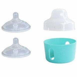a 8 oz glass reusable mason jar with a teal silicone sleeve and a rubber top lid with two reusable silicone nipples