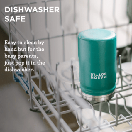 Photo of stainless steel mason bottle with straw top in forest green being dried up in dish rack.