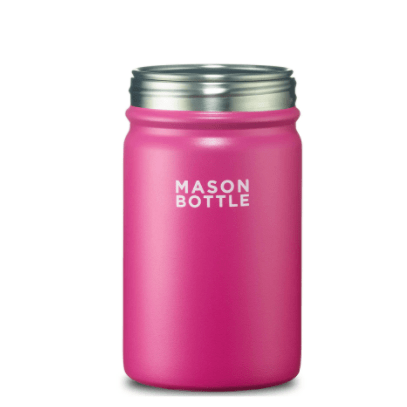 Frontal photo of stainless steel mason bottle in pink photographed against a white backdrop.