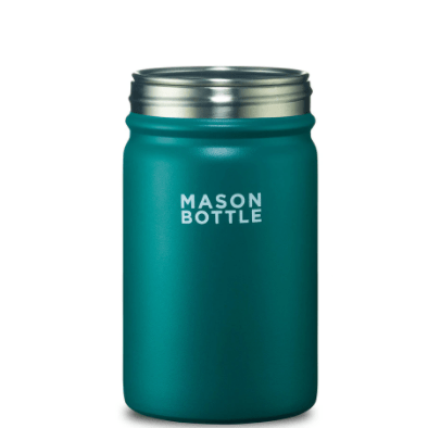 Frontal photo of stainless steel mason bottle in forest green photographed against a white backdrop.