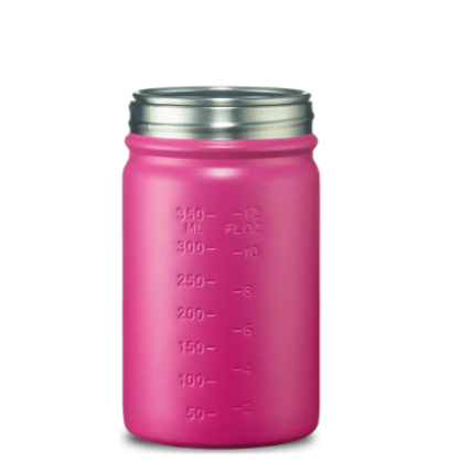 Back photo of stainless steel mason bottle in pink photographed against a white backdrop.