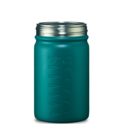 Back photo of stainless steel mason bottle in forest green photographed against a white backdrop.