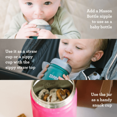 Photos of child using stainless steel mason bottle with straw top. Bottom photo in collage shows bottle being reused as a snack cup.