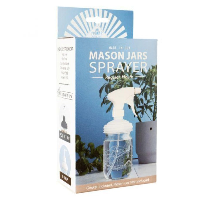 Box or packaging of white reCAP mason jar spray bottle lid on a white background.