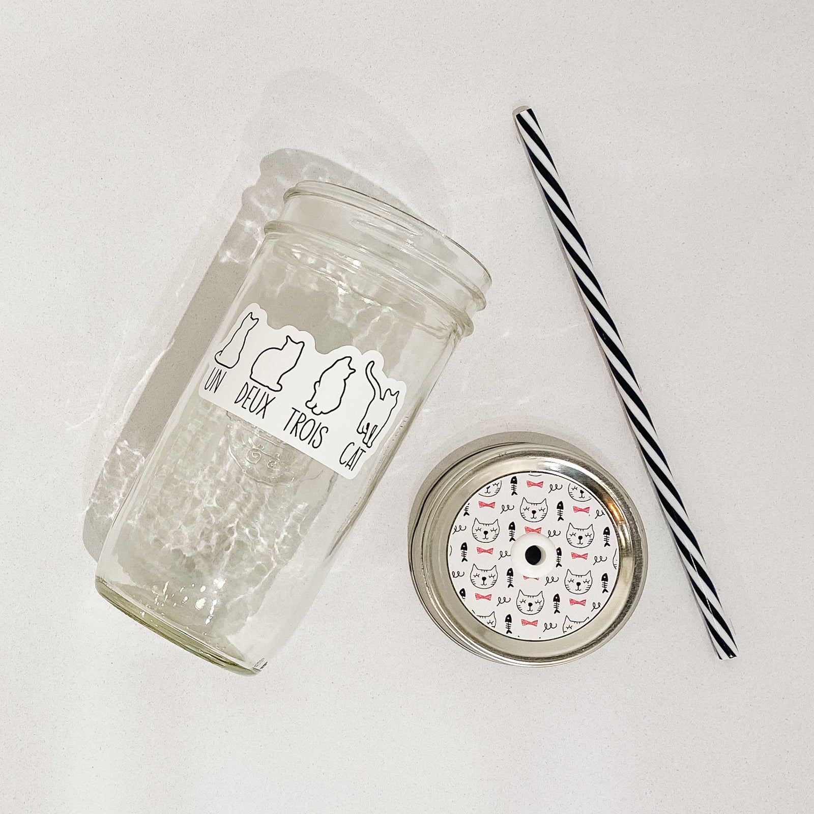 Flat lay of a mason jar tumbler that says “un deus trios cat”, a straw lid that has cat faces and fish skeletons, and a black and white striped straw