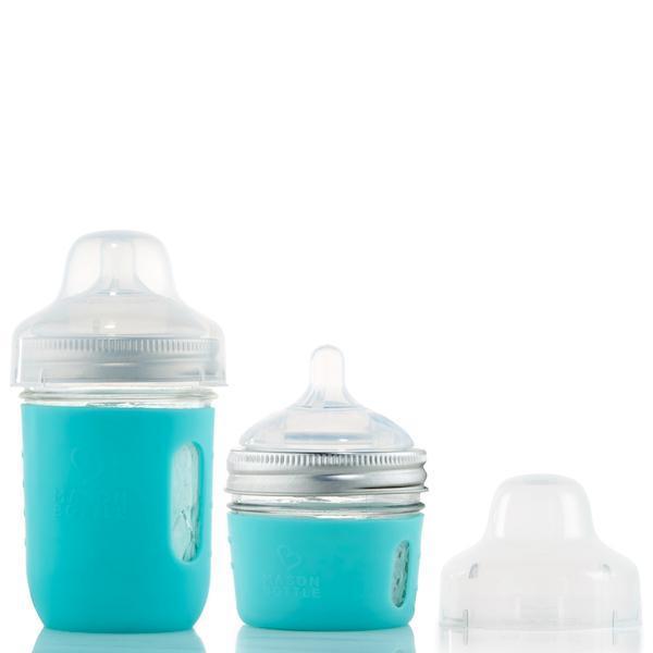 Mason Jar Breast Milk Storage disassembled with a blue silicone bottle sleeve against a white background.