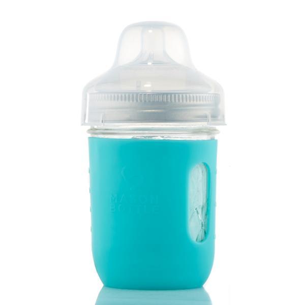 Baby bottle mason jar breast milk storage with a blue silicone sleeve on a white background.