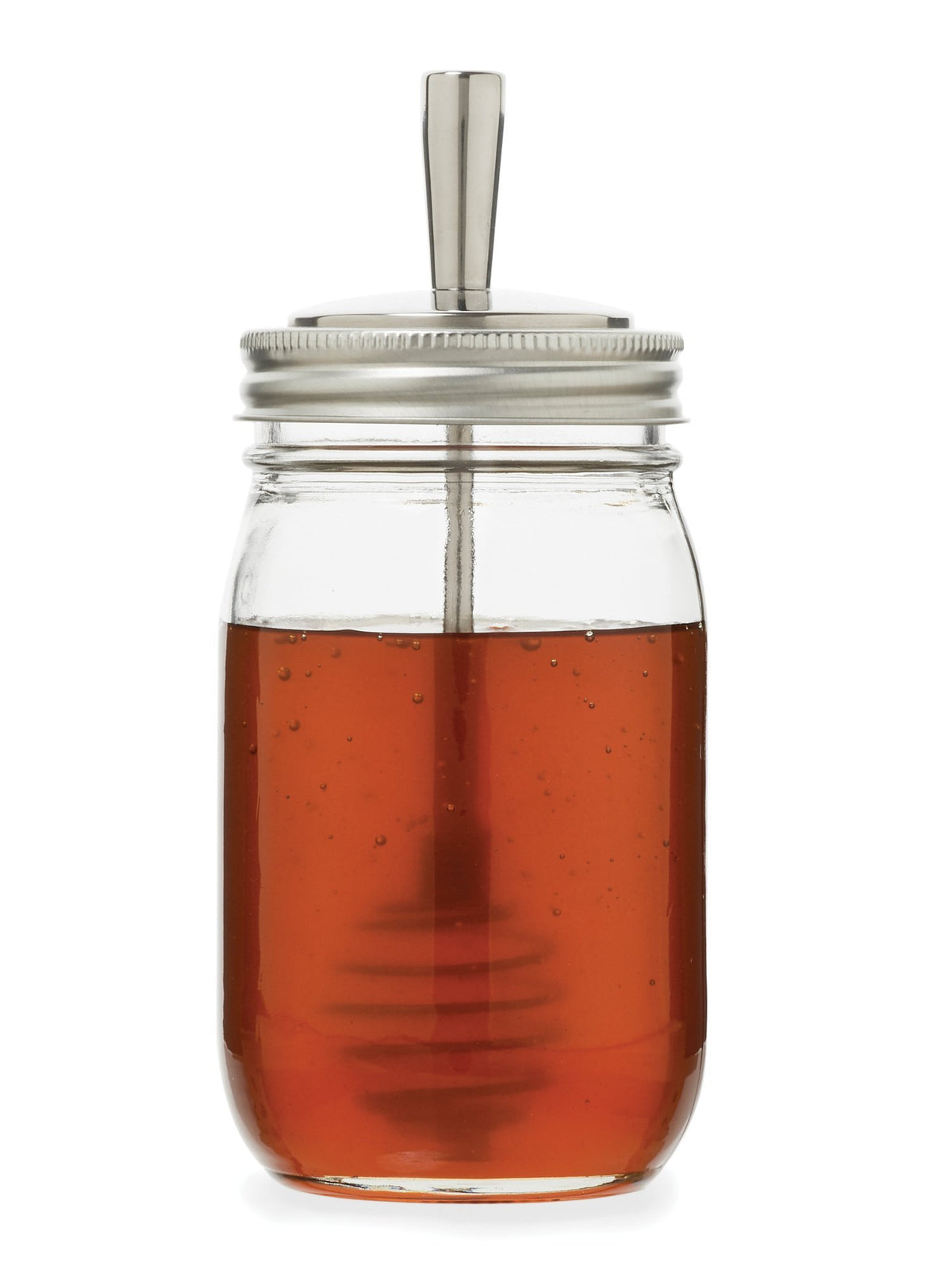 Jarware Stainless Steel Mason Jar Honey Dipper Attachment Shown on a Regular mouth pint with honey on a white background.