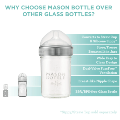 Photo of 8oz mason bottle with caption on benefits of mason bottle of other glass bottles.