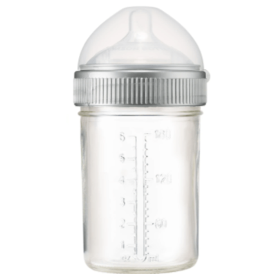 Close up back photo of 8oz mason bottle with nipple and cap. Photographed against white background.