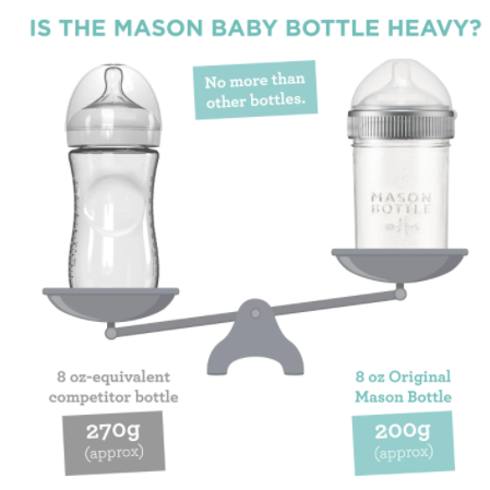 Photo of 8oz mason bottle comparing with weight of competitor bottle.