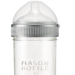 Close up frontal photo of 8oz mason bottle with nipple and cap. Photographed against white background.