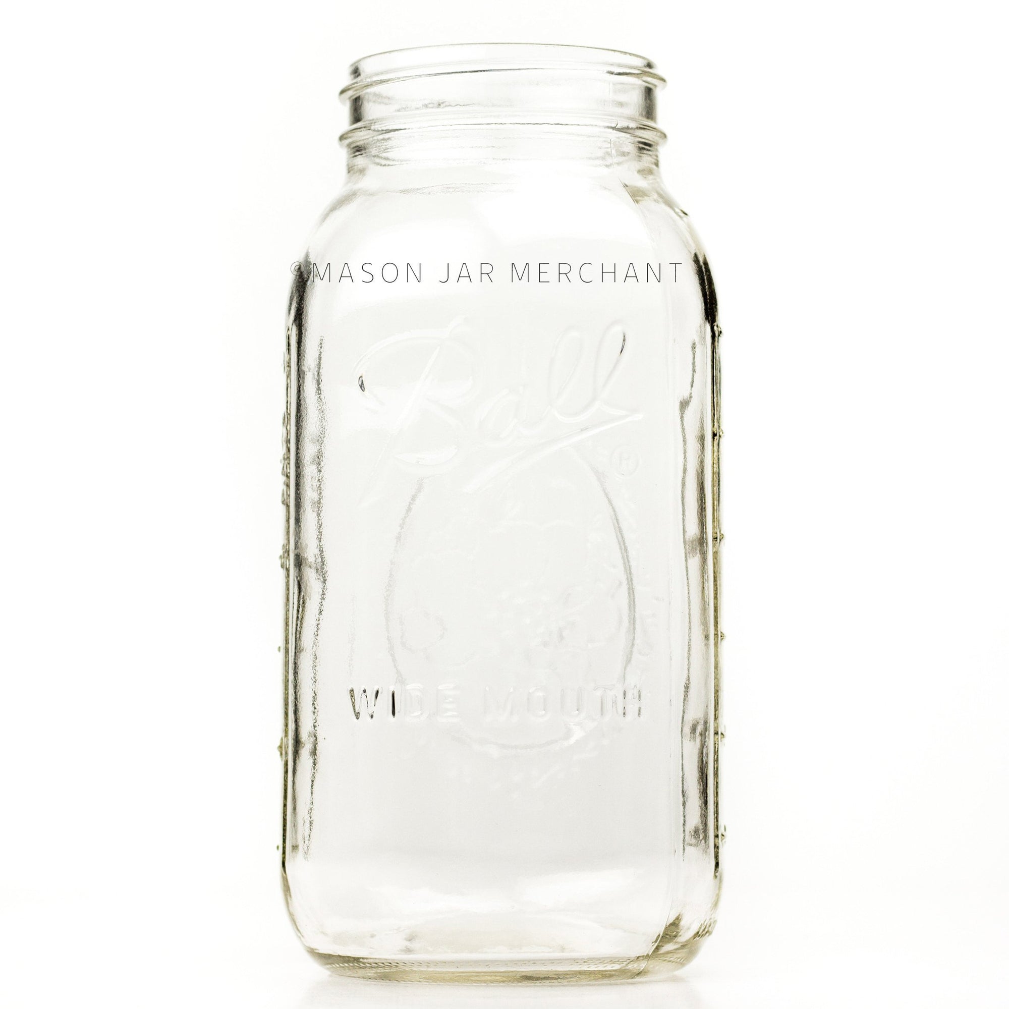 Wide mouth half-gallon mason jar with Ball Wide mouth logo, and fruity oval design visible on the back side of the jar. against a white background 