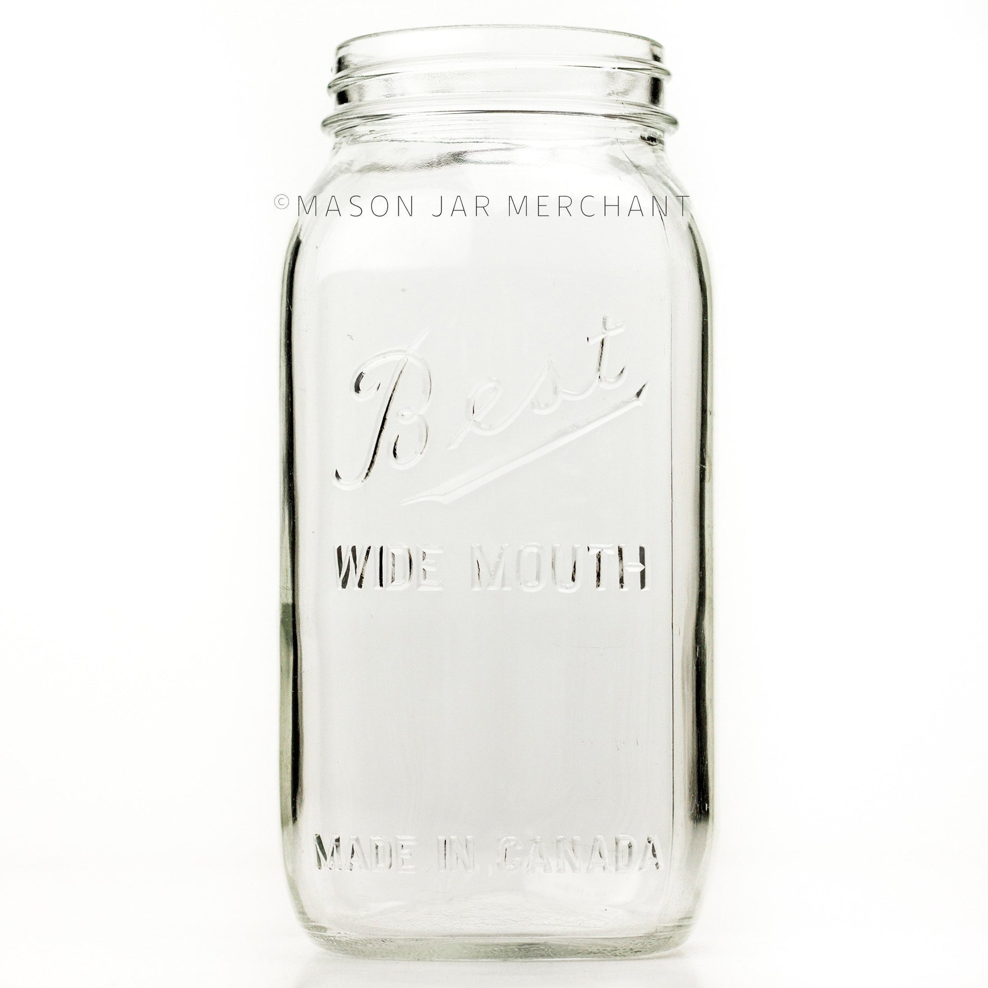 Wide mouth half-gallon mason jar with Best Wide Mouth logo , against a white background 